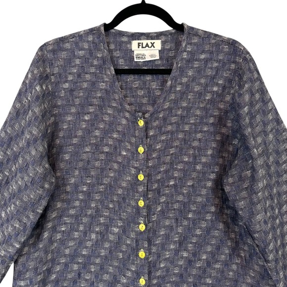 FLAX Linen Button Front Cardigan Top Womens Small Checkered Blue Lightweight - Picture 4 of 13
